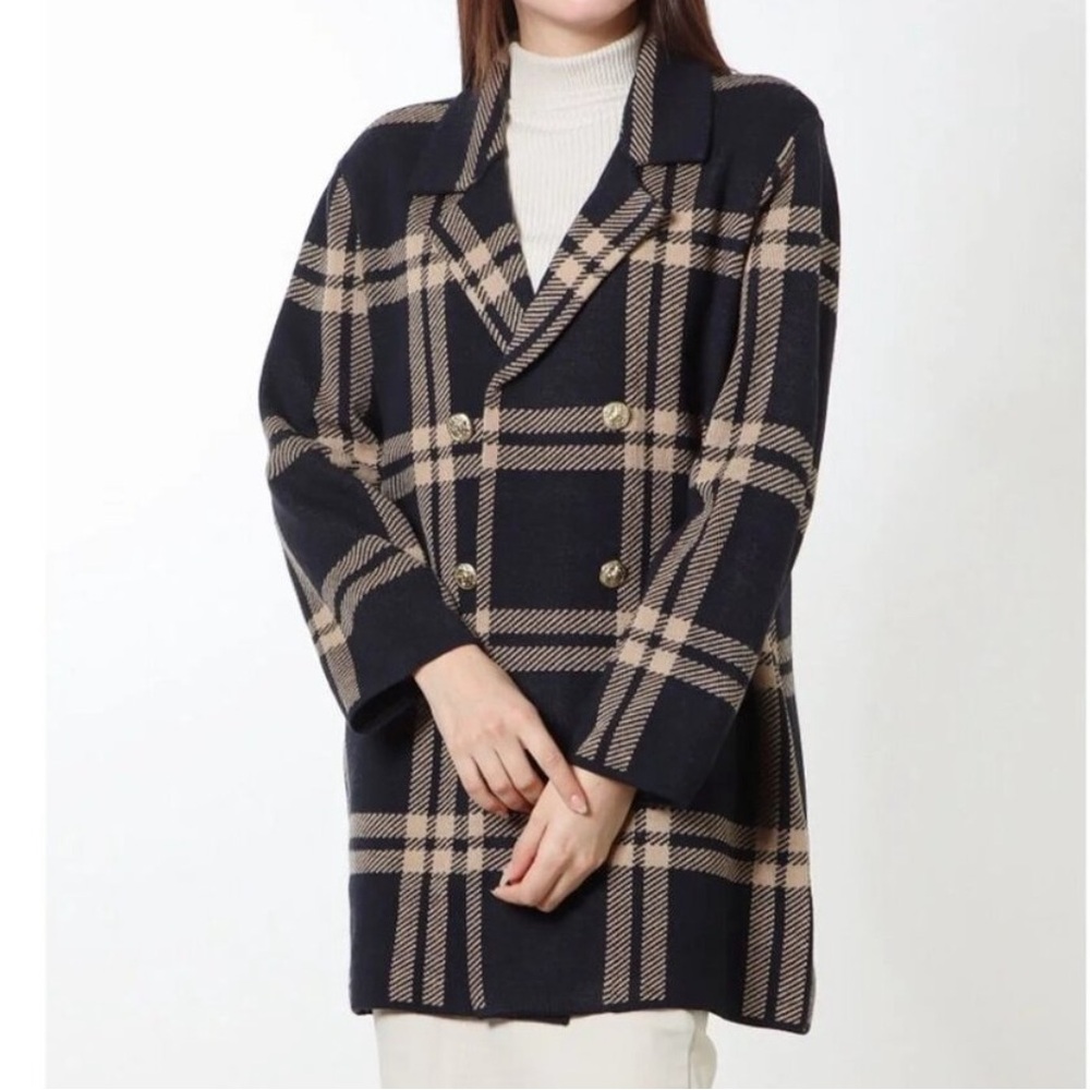 Anne Klein Womens Knit Sweater Blazer Jacket Tan Plaid Double Breasted Size‎ 2X